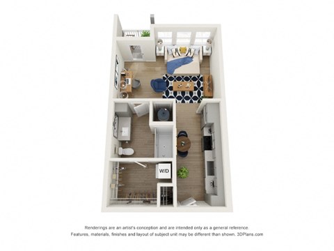 a 3d floor plan of a 1 bedroom apartment